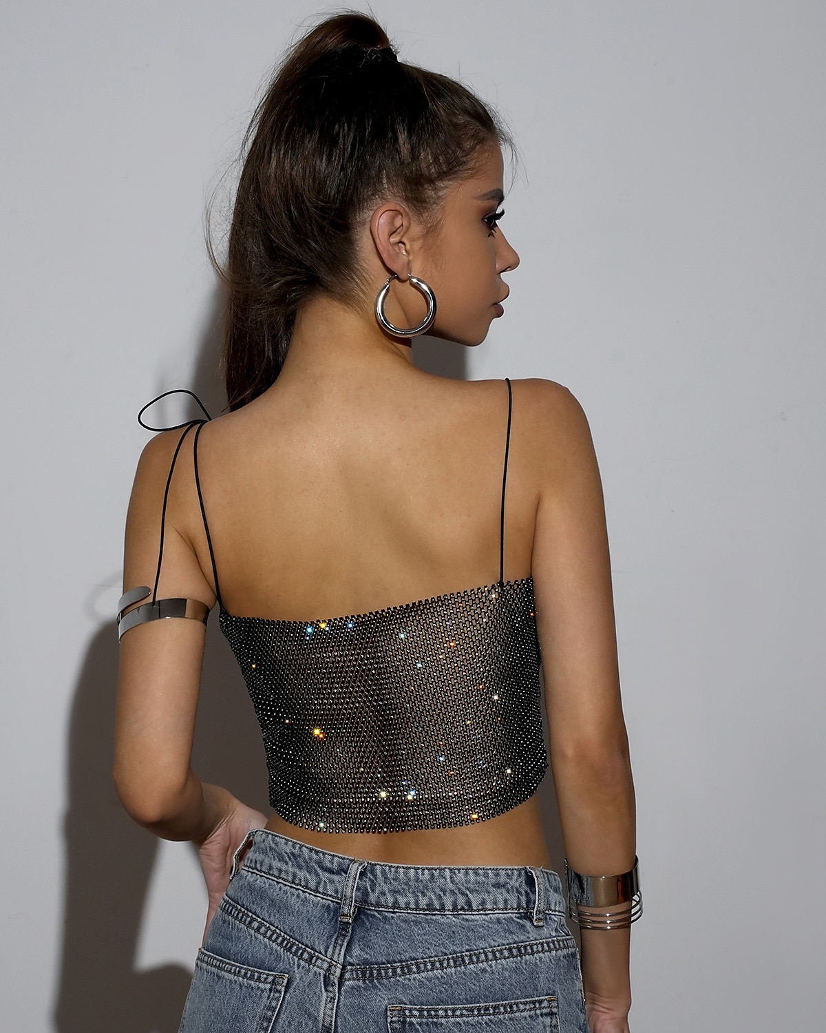 Metallic Sparkle Sexy Crop Tank Top Sheer Mesh Rhinestone Cover Up Disco Solid Color Deep V Women's Carnival Party Club Adults' Tank Top 2025 - $23.99 –P7