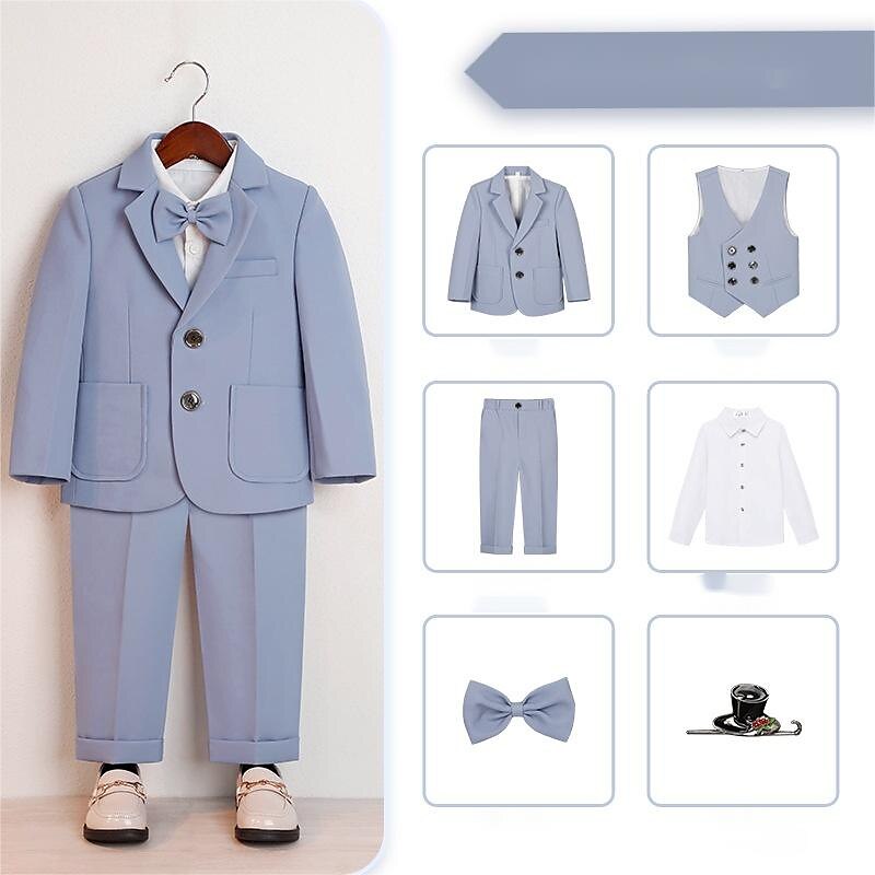 6 deler Barn Gutt Dress og blazer Antrekk Helfarge Langermet Knapp Sett Formell Kul Høst Vinter 7-13 år Grå 5-delt sett (jakke + vest + bukse + sløyfe + Blått 6-delt sett (skjorte + jakke + vest 2025 - $95.99 –P5