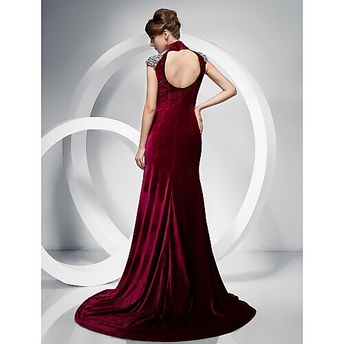Mermaid / Trumpet Keyhole Dress Formal Evening Sweep / Brush Train Short Sleeve High Neck Velvet with Crystals Split Front 2023 2026 - $129.99 –P5