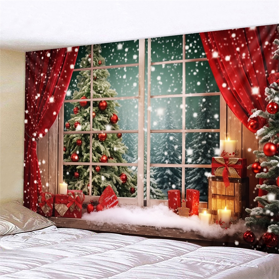 Wandteppich Weihnachtsdekorationen Weihnachtsbaum hängende Winter Fensteransicht Wandkunst Weihnachten große Wandbild Dekor Fotografie Hintergrund Decke Vorhang Haus Schlafzimmer Wohnzimmer 2026