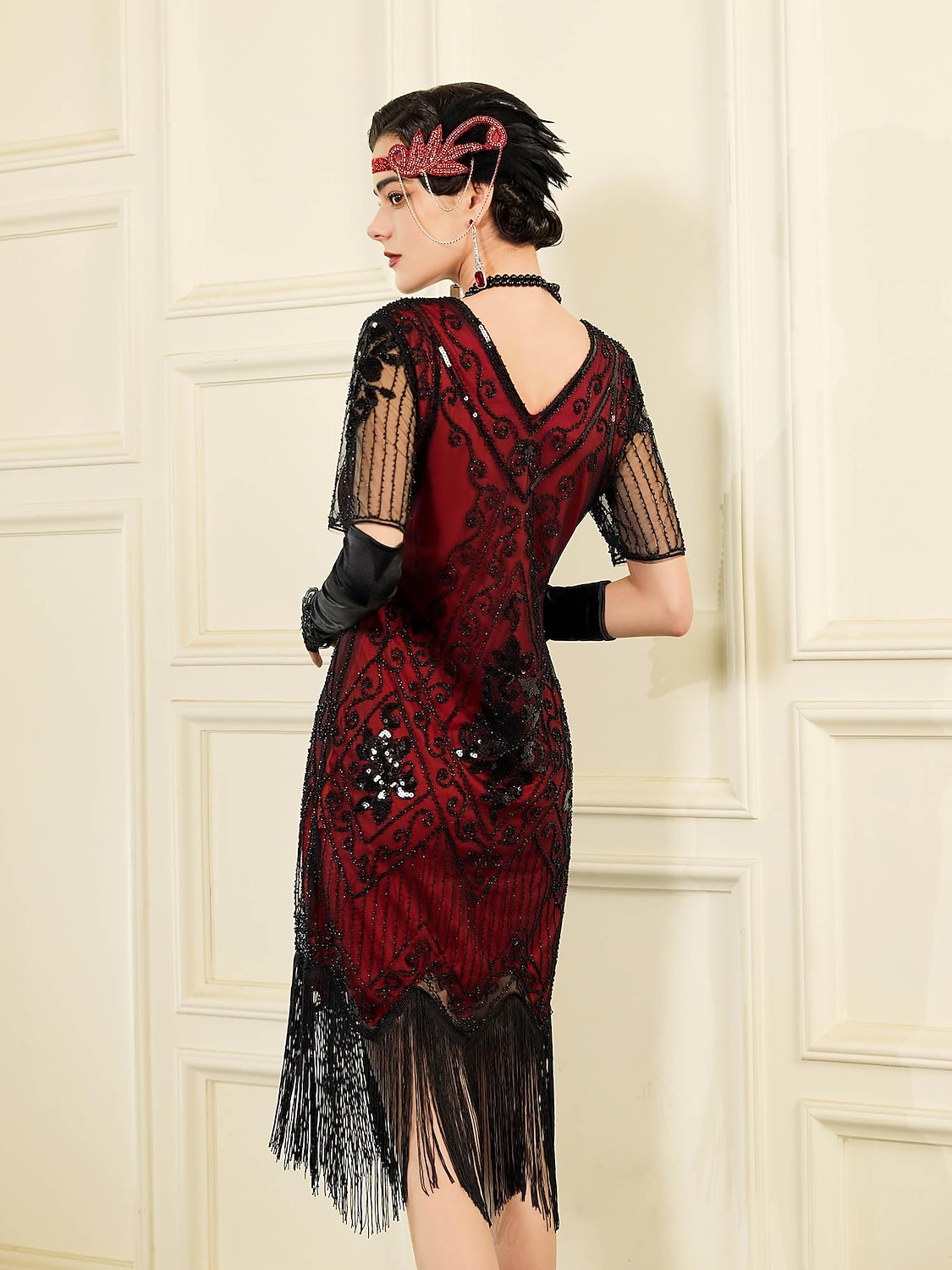 Retro Vintage Roaring 20s 1920s Flapper Dress Outfits Accessories Set The Great Gatsby Wedding Guest Sequins Tassel Fringe Sequin Tassel V Neck Women's Halloween Carnival Masquerade Carnival Party 2025 - $57.99 –P18
