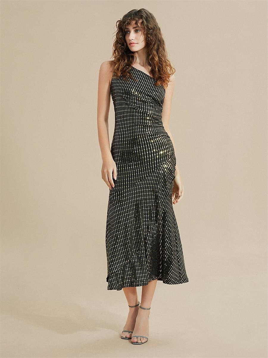 One-Shoulder-Midikleid mit Pailletten, Streifen und Rüschen 2025 - $54.99 –P1