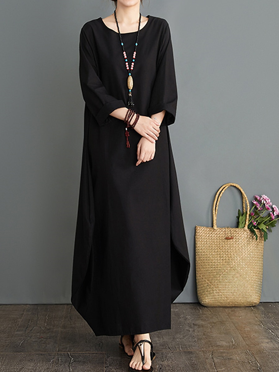 Damen Langes Kleid Maxikleid Leinen-inspirierte Kleider Weißes Kleid Freizeitkleid Winterkleid Streetwear Urlaub Straße Lässiger Schnitt Langarm Rundhalsausschnitt Schwarz Weiß Rote Blau Herbst Winter 2025 - $26.99 –P17