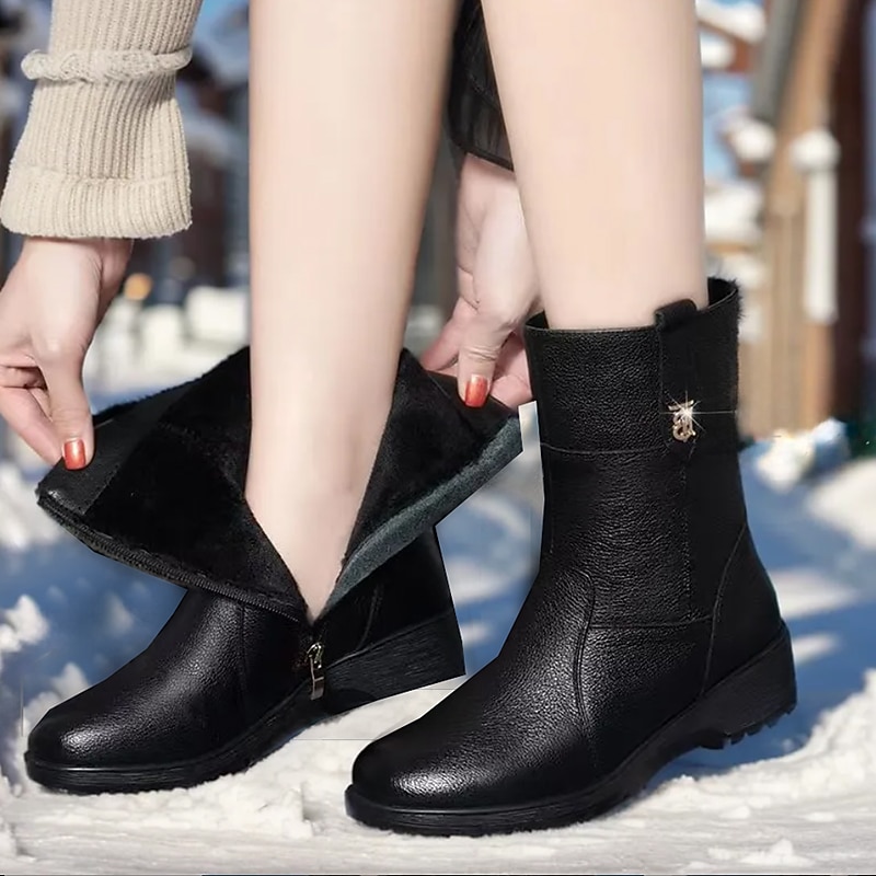 Dámské Boty Sněhule Venkovní Denní Pevná barva Podšité fleecem Kotníkové boty Booties Rovná podrážka Oblá špička Na běžné nošení Pohodlné Umělá kůže Nasazovací Černá 2025 - $16.99 –P1