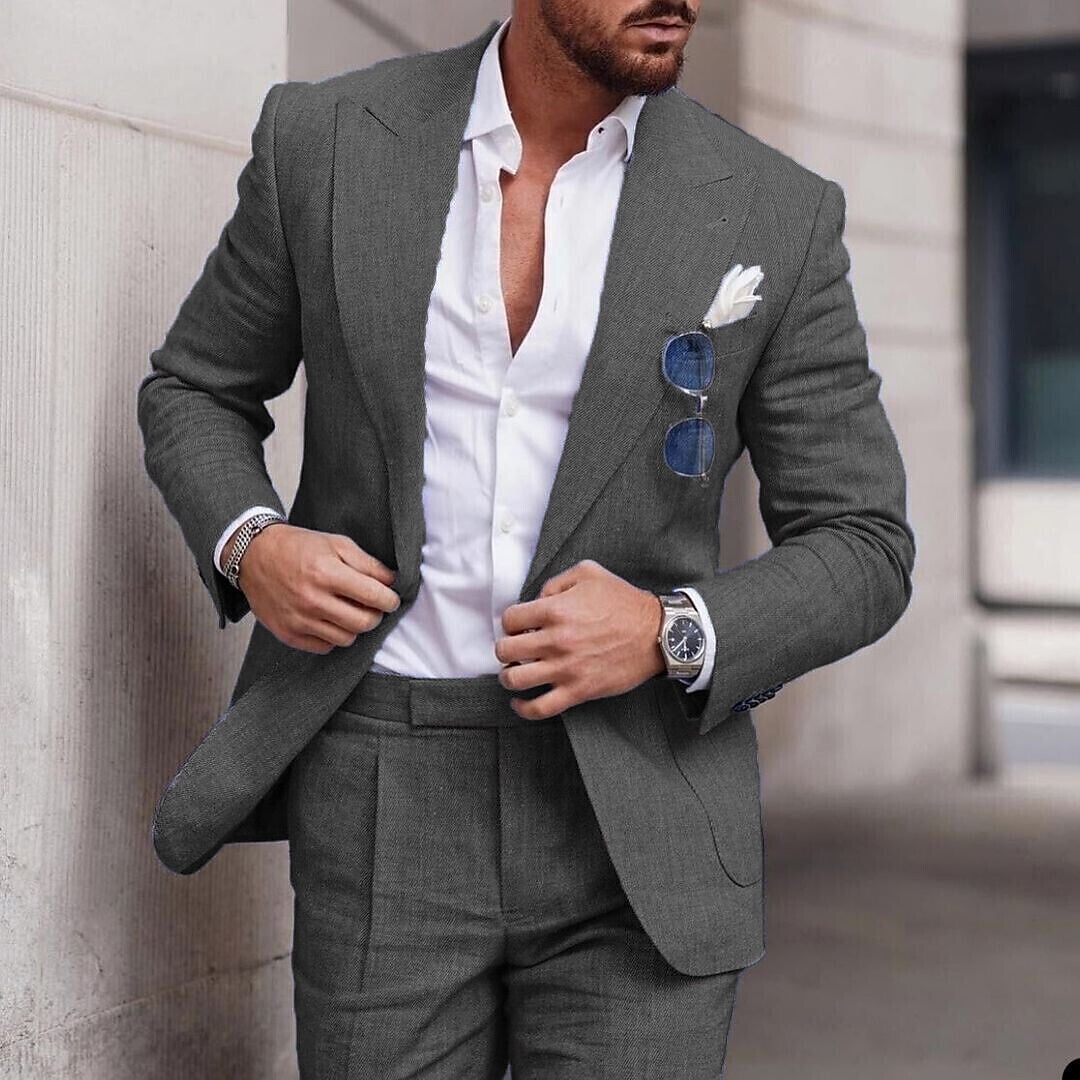 Pour des hommes Mariage Plage Costumes en lin vert pois Bleu Ciel Couleur Unie Coupe sur mesure 2 pièces Simple boutonnage un bouton de 2025 ? $112.99 –P1