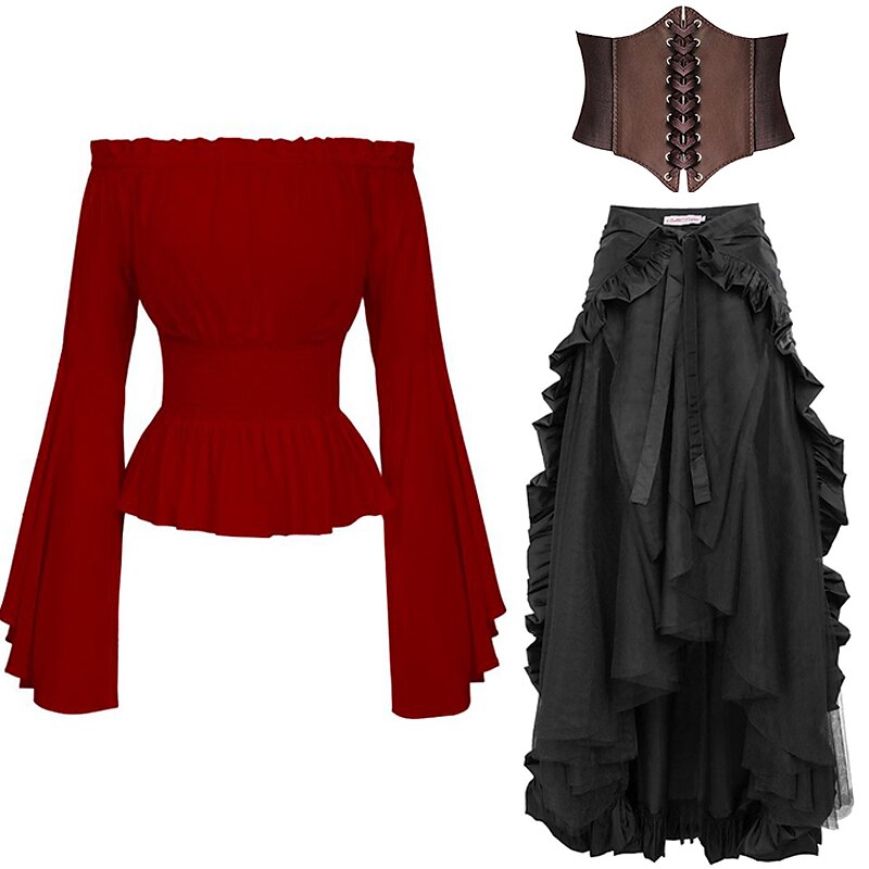 Sets with Off Shoulder Blouse Skirt Underbust Corset 3 PCS Women's Gothic Medieval Steampunk Renaissance Retro Vintage Pirate Viking Outfits Casual Daily LARP Costumes 2025 - $61.99 –P4