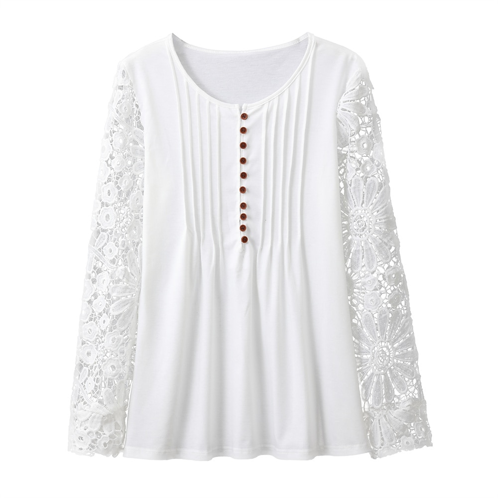 camicetta in pizzo da donna camicette eleganti top eleganti moda basic tinta unita plissettato patchwork manica lunga top normali scollo a V casual quotidiano bianco rosso primavera autunno del 2025 a $29.99 –P1