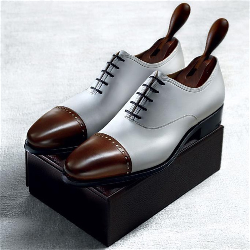 Sapatos sociais Oxford masculinos bicolor com biqueira - calçados formais elegantes de couro sintético com cadarço para casamentos, negócios e eventos noturnos de 2025 por $59.99 –P1
