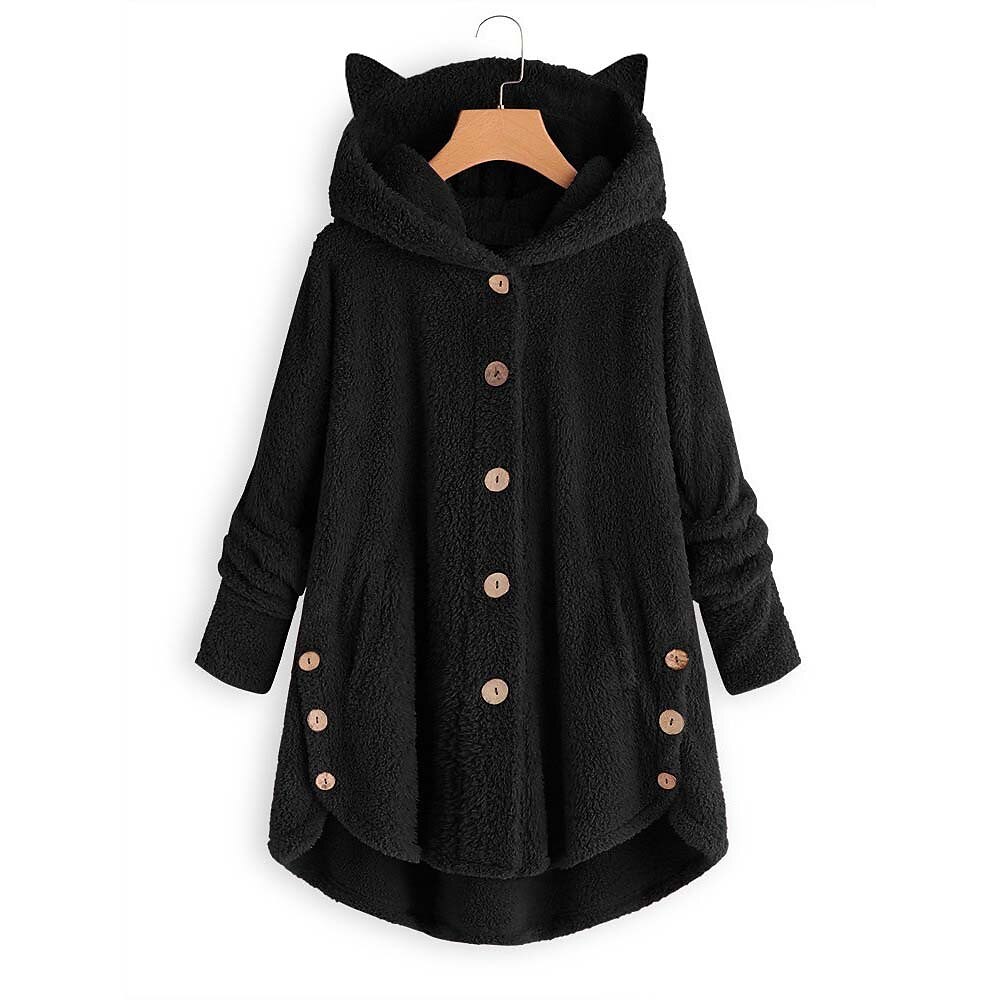 Damen Übergroße Feste Farbe Warm Teddy Fuzzy Langarm Kapuzenpullover Lange Oberteile Strasse Casual Knopf Tasche Schwarz Gelb Rosa Wein Kaffee Herbst Winter 2025 - $19.99 –P2