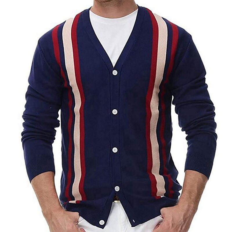 Men's Cardigan Sweater Knit Sweater Ribbed Knit Cropped Button Up Color Block V Neck Warm Ups Modern Contemporary Casual Daily Wear Clothing Apparel Fall Winter Dark Navy Brown M L XL 2025 - $31.99 –P2