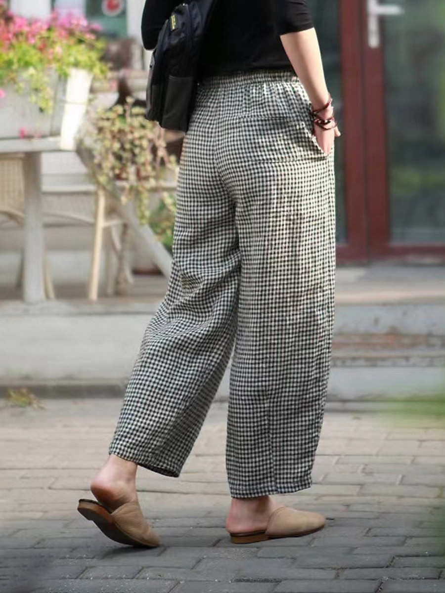 Women's Wide Leg Pants Trousers Linen Cotton Blend Plaid High Waist Full Length Black Fall 2025 - $18.99 –P11