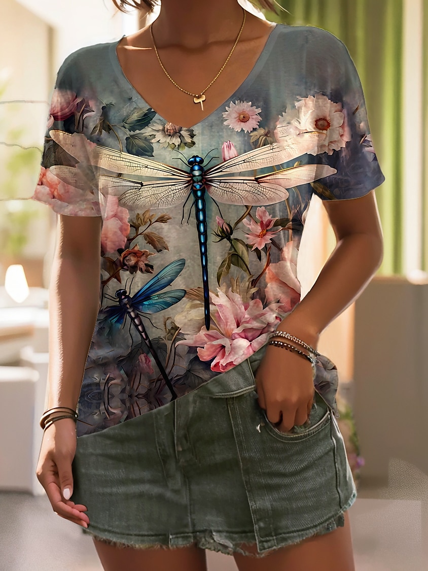 kvinners t-skjorte mote blomsterprint kortermede vanlige topper v-hals ferie helg lilla beige sommer 2025 - $19.99 –P2