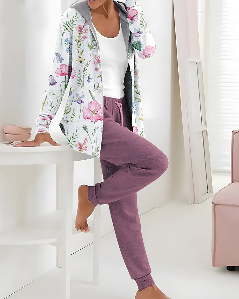Dame 2 Deler Aktiv Daglig Hettegenser Track Suit Bukser Sett Bukser Langermet Hette Blomster Snortrykk Utendørs Fritid Hvit Rosa Mørk Marine Høst Vinter Vanlig Passform 2025 - $49.99 –P6