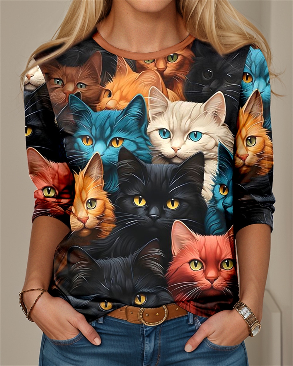 חולצת נשים עם צווארון עגול שרוול ארוך טוניק חתול 3D מצחיק צווארון עגול טופים רגולים הדפס יומי סוף שבוע שחור כחול אביב סתיו 2025 - $22.99 –P2
