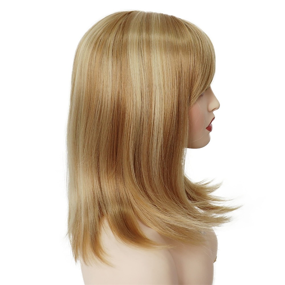 Perucas peruca loira morango com franja cabelo sintético peruca natural completa reta comprimento médio bob peruca traje de halloween perucas para mulheres perucas cosplay 14" de 2025 por $21.99 –P6