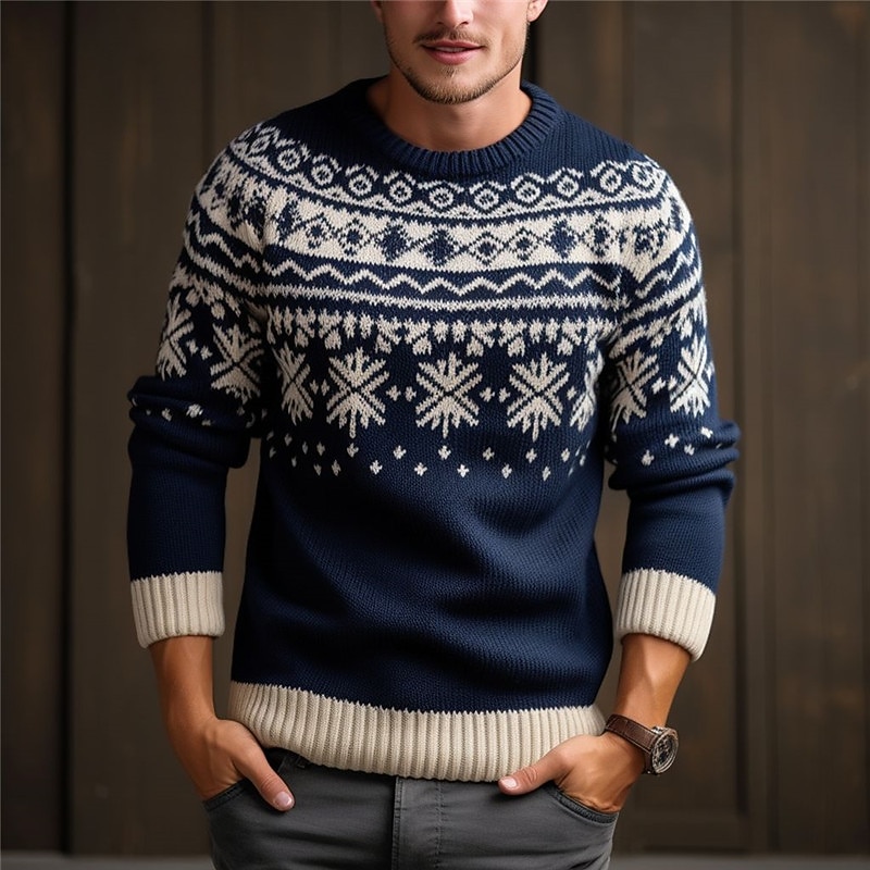 уродливый рождественский свитер мужской принтованный свитер принт снежинка вязаный пуловер джемпер трикотаж новогодний свитер для улицы повседневный отпуск длинный рукав свитера с круглым вырезом 2025 - $38.99 –P3