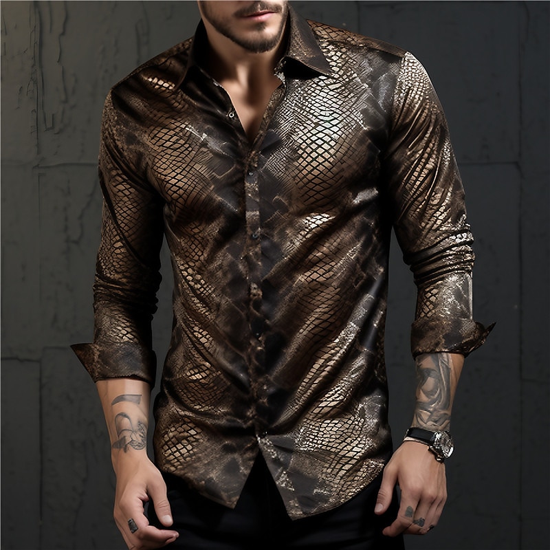 Per uomo Serpente metallico Camicia Camicia con bottoni Manica lunga Astratto Da tutti i giorni Per uscire Autunno inverno Collo ripiegabile Stampa Bottone giù Nero Oro Marrone Cachi del 2025 a $26.99 –P1