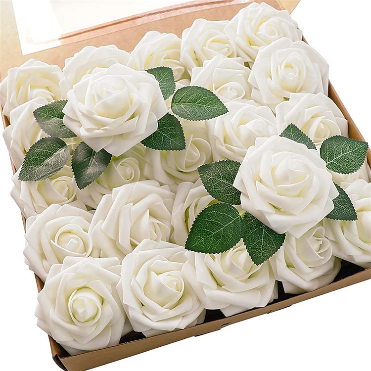 Confezione regalo 25/50 pz/set 8 cm rosa artificiale con foglie 25 50 scatole di decorazioni floreali per la casa decorazione di nozze del 2025 a $15.49 –P1