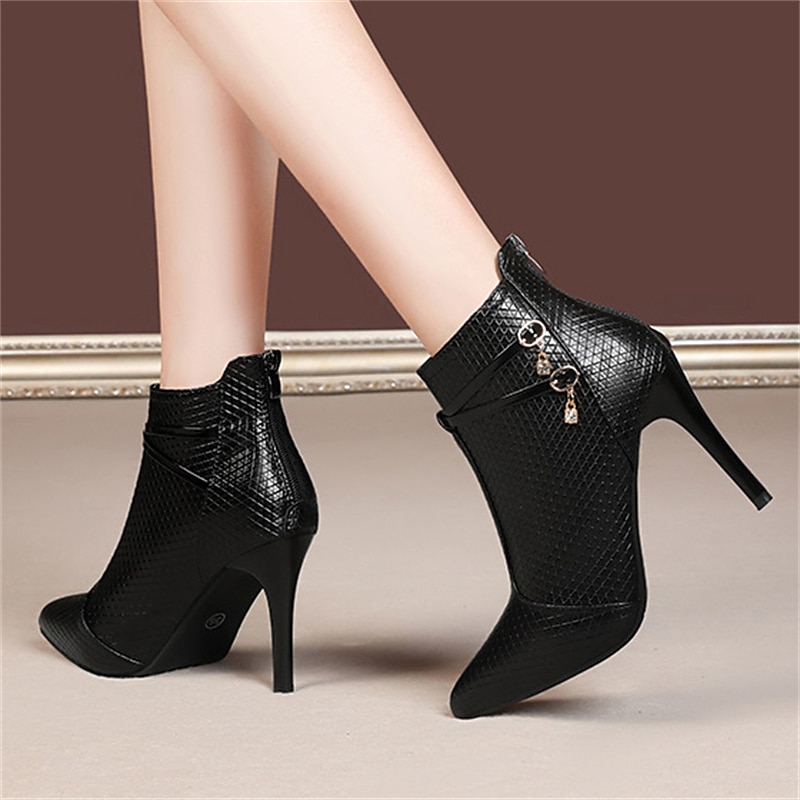 Women's Boots Plus Size Heel Boots Party Office Daily Booties Ankle Boots Rhinestone Stiletto Heel Pointed Toe Elegant Fashion Sexy Faux Leather Zipper Black Brown 2023 - AED 155.98 –P8