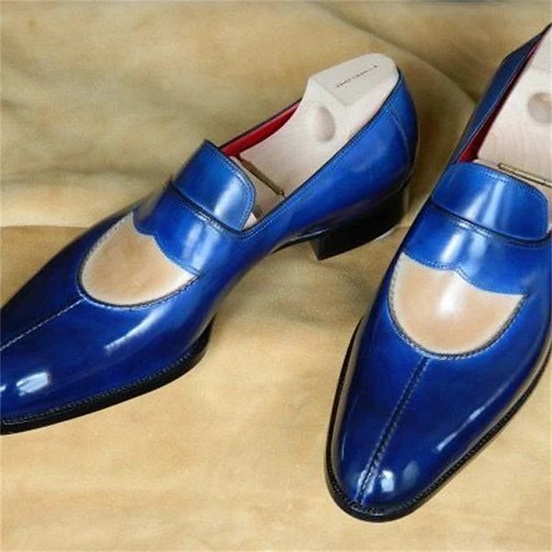 pánské klasické mokasíny z námořnické a béžové kůže – retro dvoubarevné společenské boty s elegantním vroubkovaným detailem, ideální pro formální i neformální příležitosti 2025 - $54.99 –P2