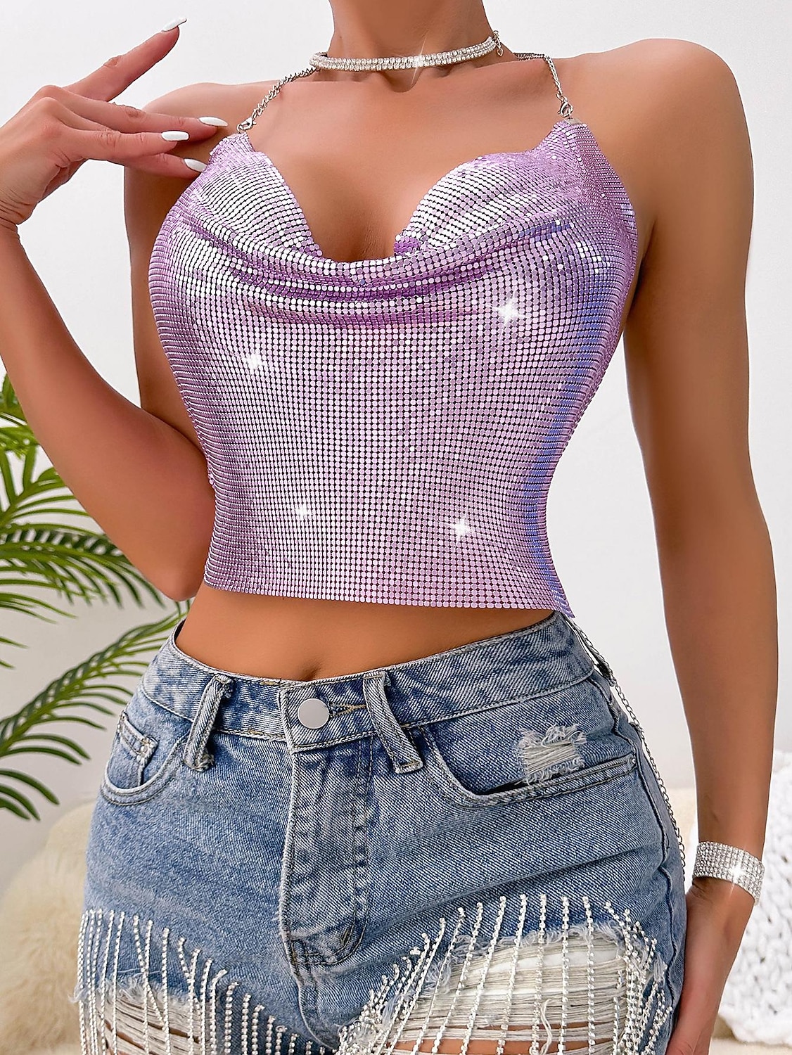 Fémes Hát nélküli Szikra Spagetti pántos trikó Testlánc Crop Tank Top Diszkó Jelmez Női Parti Klub Pride Parade Felnőttek Trikó 2025 - $23.99 –P22