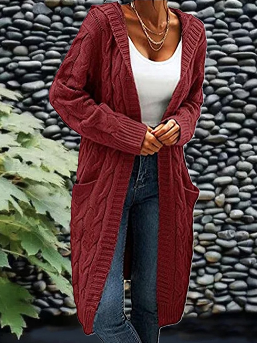 Mulheres Carregam Moda Roupa de rua Casual Côr Sólida Cabo Com Capuz Bolsos Tricotado Manga Longa Tops regulares Tricotar Ao ar livre Diário Para Noite Vinho Verde Tropa Outono Inverno de 2025 por $52.99 –P4