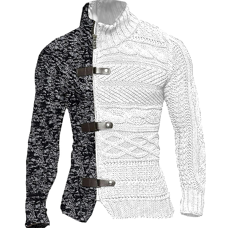 Pánské Svetr Cardigan Masivní kardigan Oříznutý svetr Kabel Plést Standardní Zip Tlačítko Barevné bloky Stojáček Vinobraní protažení Ležérní Denní nošení Oblečení Klínové rukávy Podzim Zima Černá Bílá 2025 - $37.99 –P5