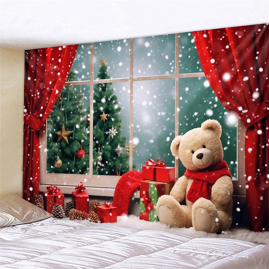 juldekorationer julgran hängande gobeläng väggkonst xmas stor gobeläng väggmålning dekor fotografi bakgrund filt gardin hem sovrum vardagsrum björn fönster vy 2025 - $17.49 –P5