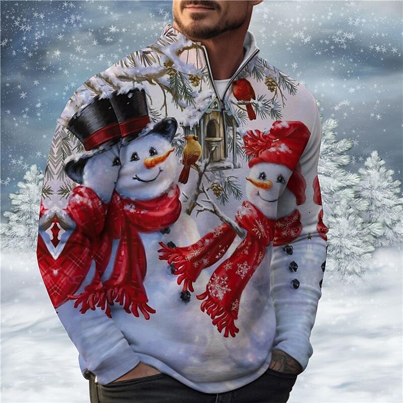 Christmas Men's Christmas Scene 3D Zipper Polo Snowman Casual