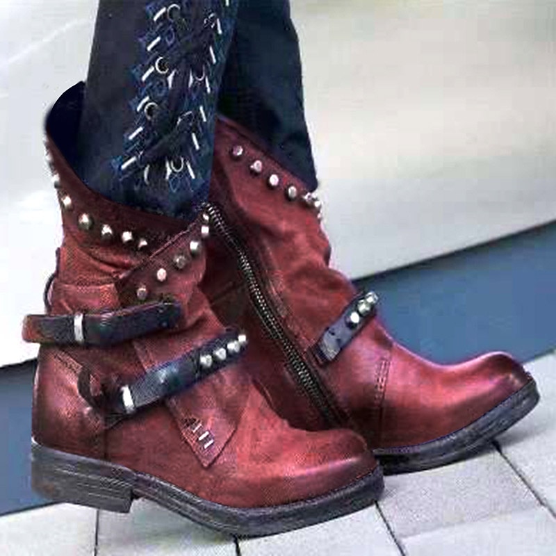 Women's Purple Studded Ankle Boots with Side Zipper and Buckle Straps, Punk Rock Style Footwear for Bold Fashion Statements 2025 - $54.99 –P2