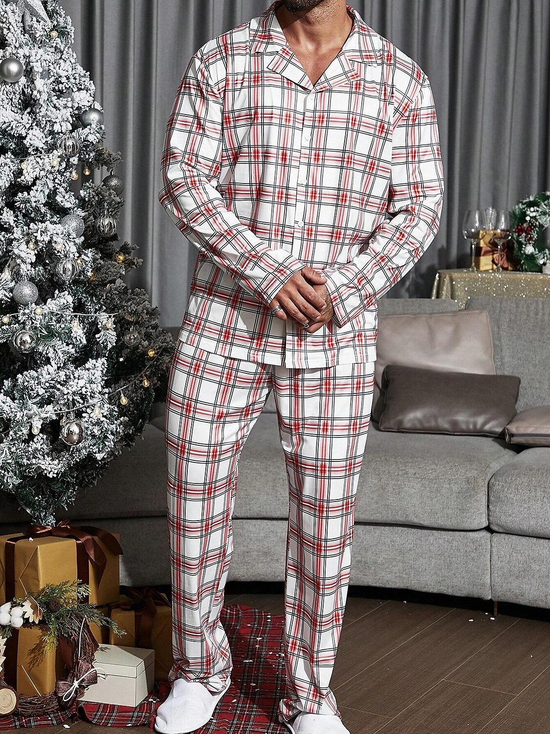Herr Vardagsklädsel Sovkläder Pyjamas set Pyjamastopp och byxa 2 delar Rutig Stylish Ledigt Komfort Hem Dagligen Säng Bomullsblandning Komfort Mjuk Kavajslag Långärmad Skjorta Byxa Snörning Elastisk 2025 - $28.99 –P4