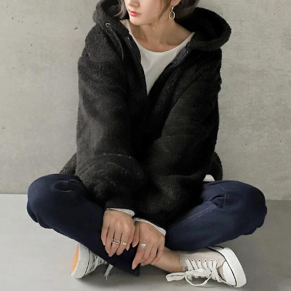 Mulheres Côr Sólida Quente Teddy Difusa Manga Longa Capuz Meio Zíper Tops regulares Rua Casual Com Cordão Bolso frontal Quarter Zip Preto Vinho Cinzento Escuro Café Cinzento Outono & inverno de 2025 por $33.99 –P6