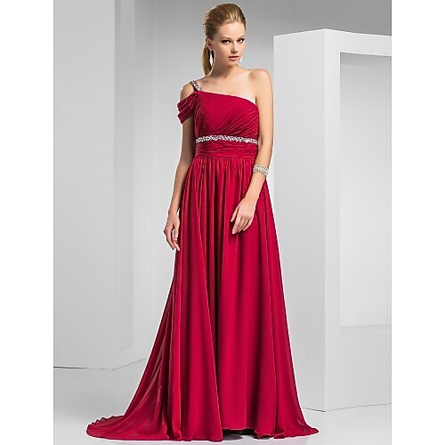 Sheath / Column Elegant Prom Formal Evening Dress One Shoulder Short Sleeve Sweep / Brush Train Chiffon with Ruched Beading 2022 2026 - $137.99 –P3