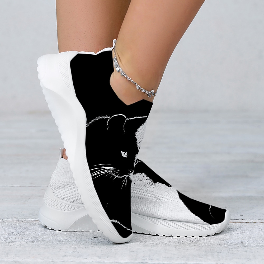 Schwarze Slip-On-Sneaker mit Katzen-Print für Damen – atmungsaktive Strick-Wanderschuhe für die Freizeit, zum Reisen und für Katzenliebhaber 2025 - $29.99 –P3