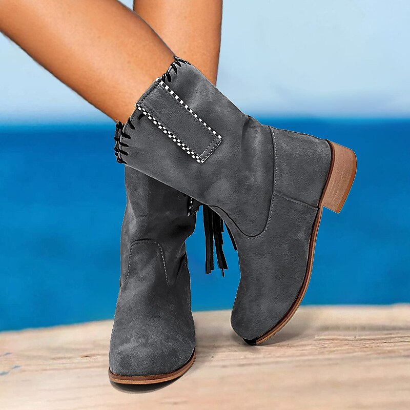 Women's Beige Suede Western Boots with Fringe and Studded Details – Casual Cowgirl Style for Outdoor and Festival Wear 2025 - $54.99 –P2