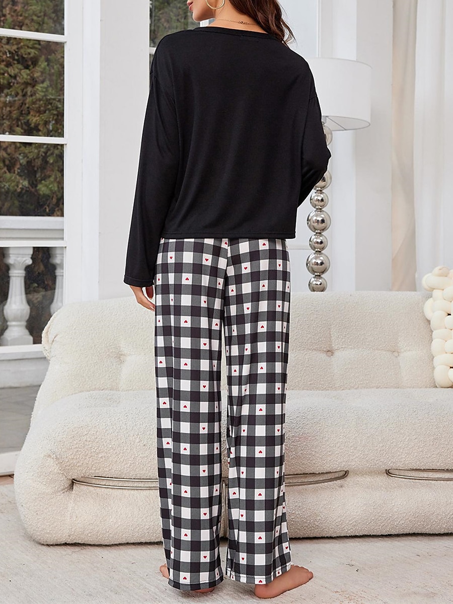 pyjamassett for kvinner rutenett / rutete tilfeldig komfort hjemmeseng pustende rundhals langermet t-skjorte t-skjorte bukseknapplomme høst vinter hjemmeantrekk 2025 - $25.99 –P6