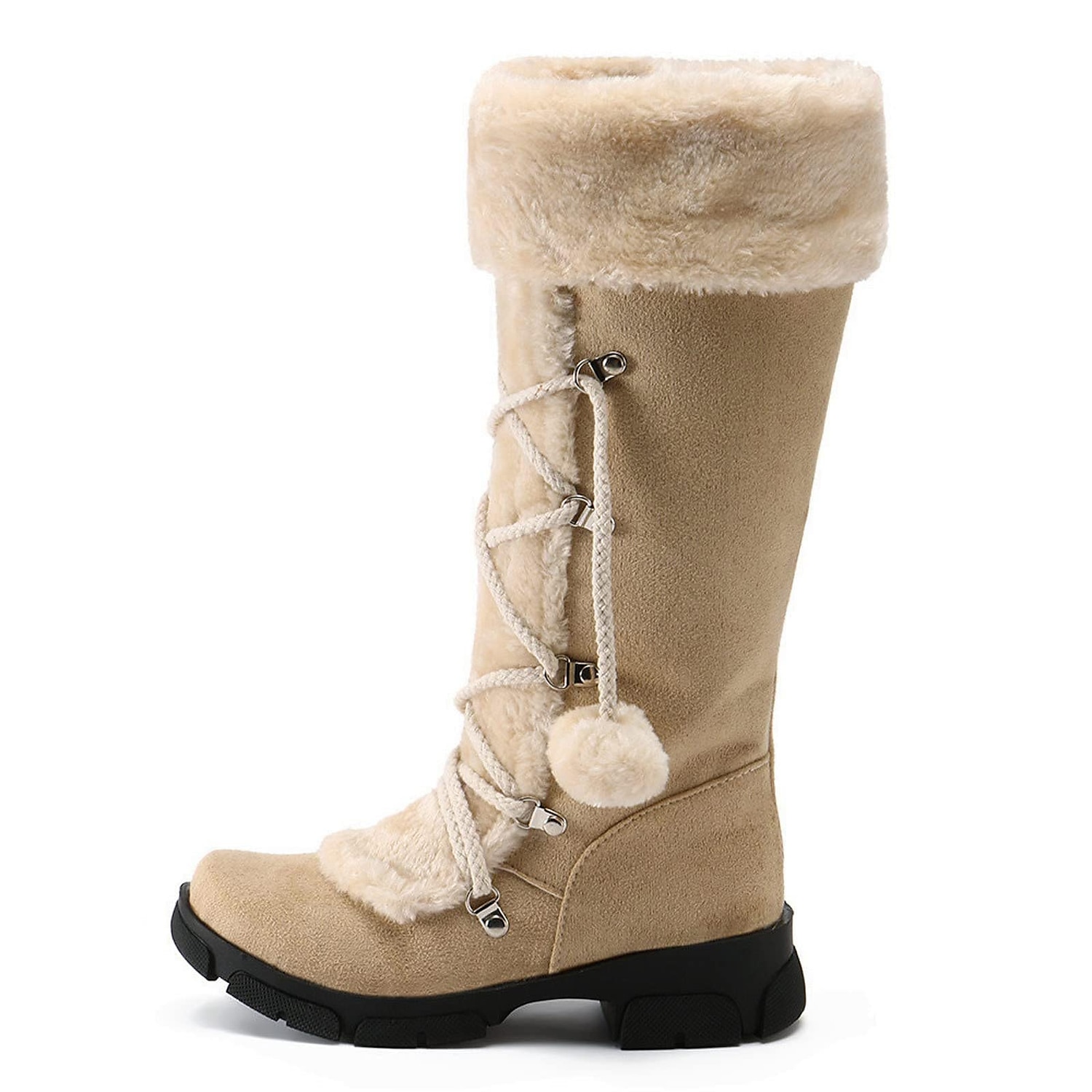 botas de inverno femininas de pele sintética preta com cadarços de pompom - isolamento quente, design na altura do joelho, solas antiderrapantes para clima frio e dias de neve de 2025 por $59.99 –P1