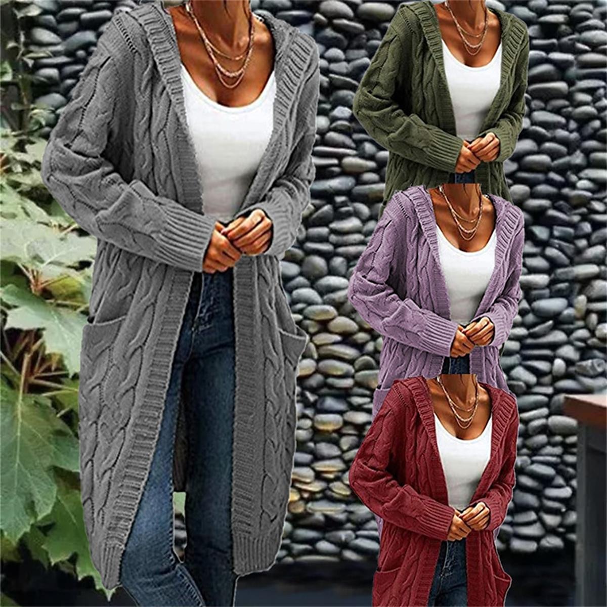 Mulheres Carregam Moda Roupa de rua Casual Côr Sólida Cabo Com Capuz Bolsos Tricotado Manga Longa Tops regulares Tricotar Ao ar livre Diário Para Noite Vinho Verde Tropa Outono Inverno de 2025 por $52.99 –P10