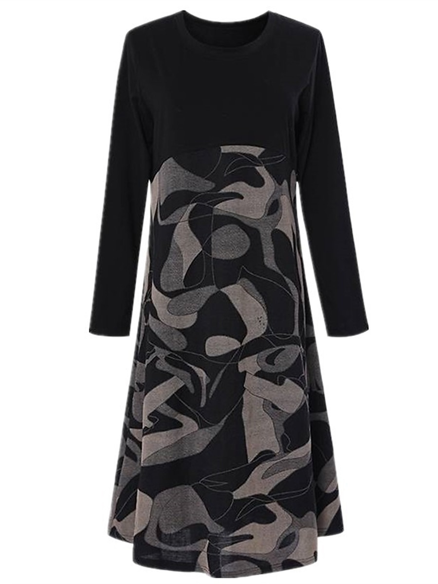 Women's Casual Dress Winter Dress Floral Color Block Patchwork Print Crew Neck Midi Dress Daily Vacation Long Sleeve Fall Winter 2025 - $22.99 –P5