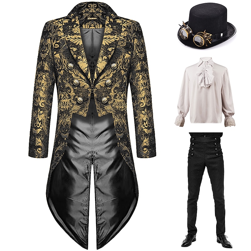 Set with Steampunk Tailcoat High Waisted Pants Top Hat with Goggles Retro Vintage Medieval Coat Jacket Outerwear Straight Leg Trousers Vampire Outfits Men's Cosplay Costume Masquerade Party Evening 2025 - $114.99 –P1