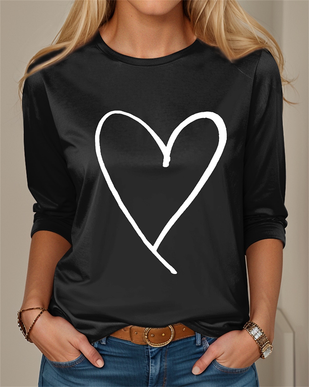 Valentine Kvinners Hjerte T-skjorte Sød Rød Tee Vanlige Topper Langermet Rund hals Trykk Vanlig Passform Valentines Weekend Svart Rosa Rød Vår Høst 2025 - $27.99 –P3