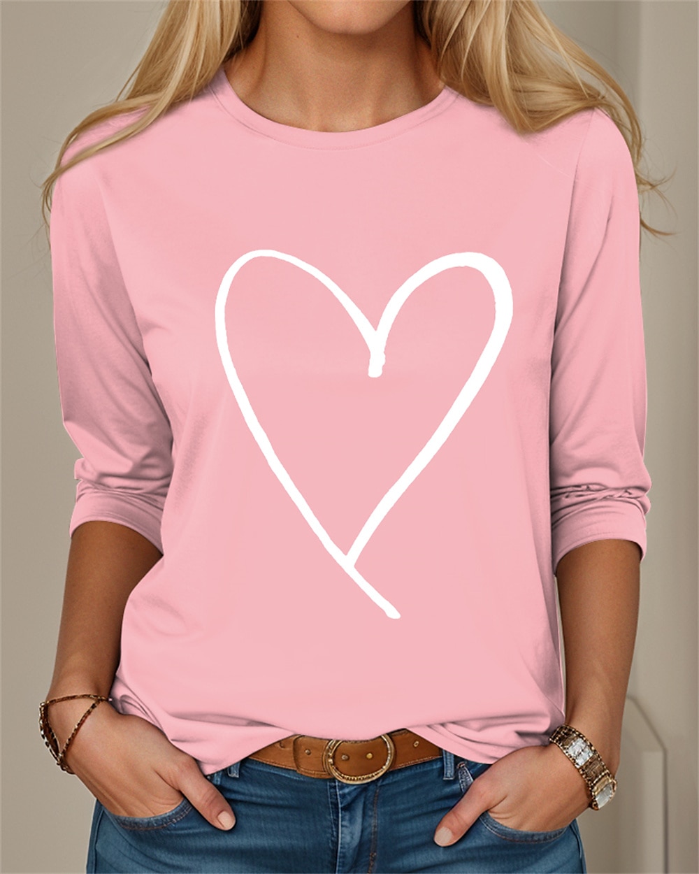 Valentine Kvinners Hjerte T-skjorte Sød Rød Tee Vanlige Topper Langermet Rund hals Trykk Vanlig Passform Valentines Weekend Svart Rosa Rød Vår Høst 2025 - $27.99 –P2