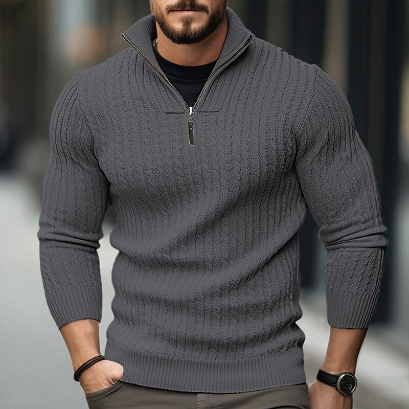 Herren Pullover Herbstpullover Pullover mit Viertelreißverschluss Gerippt Stricken Standard Zip Strick Glatt Ständer Moderne zeitgenössische Arbeit Freizeitskleidung Bekleidung Winter Schwarz 2025 - $32.99 –P5
