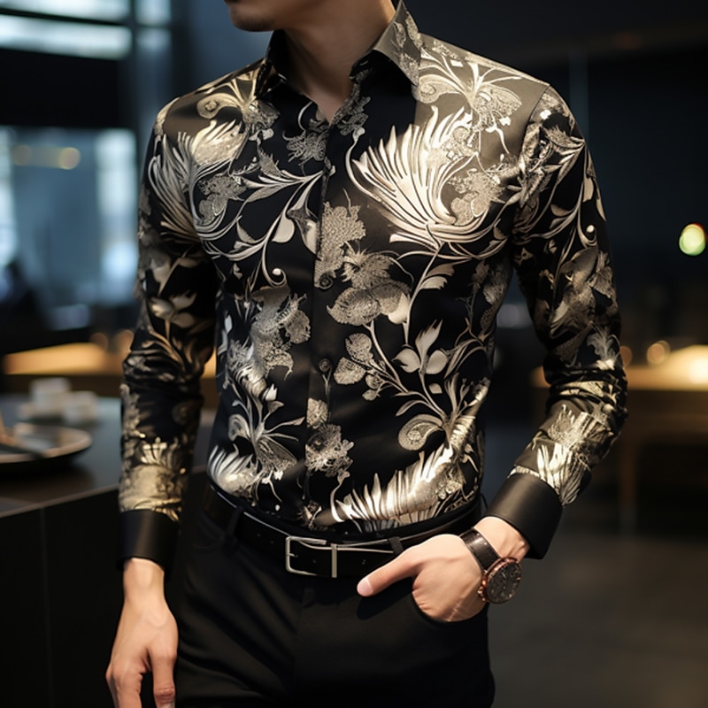 Ostern Herren Blumen Hemd Knopfhemd Langarm Brautkleider schlicht Freizeitskleidung Wochenende Herbst Winter Umlegekragen Bedruckt Button-Down Schwarz Gelb Rote Braun Schwarz+Weiß 2025 - $26.99 –P4