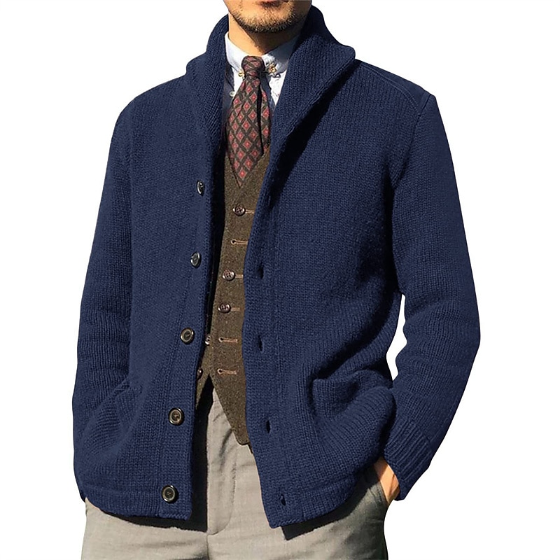 Herren Strickjacke Kurzer Pullover Strickpullover Gerippt Stricken Standard Knopf hoch Glatt Schalrevers Warm-Ups Moderne zeitgenössische Casual Freizeitskleidung Bekleidung Herbst Winter Schwarz Blau 2025 - $41.99 –P6