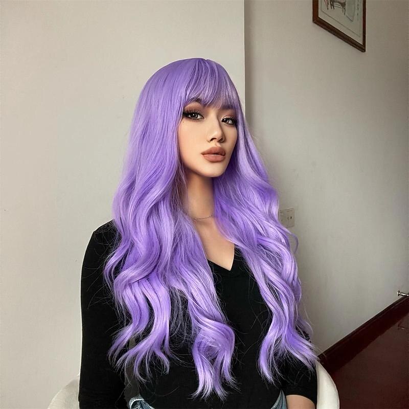 باروكات صناعية مموجة باللون الأرجواني مع غرة للنساء، شعر مستعار طويل مجعد للفتيات والنساء والحفلات أو الاستخدام اليومي 2025 - $23.99 –P4