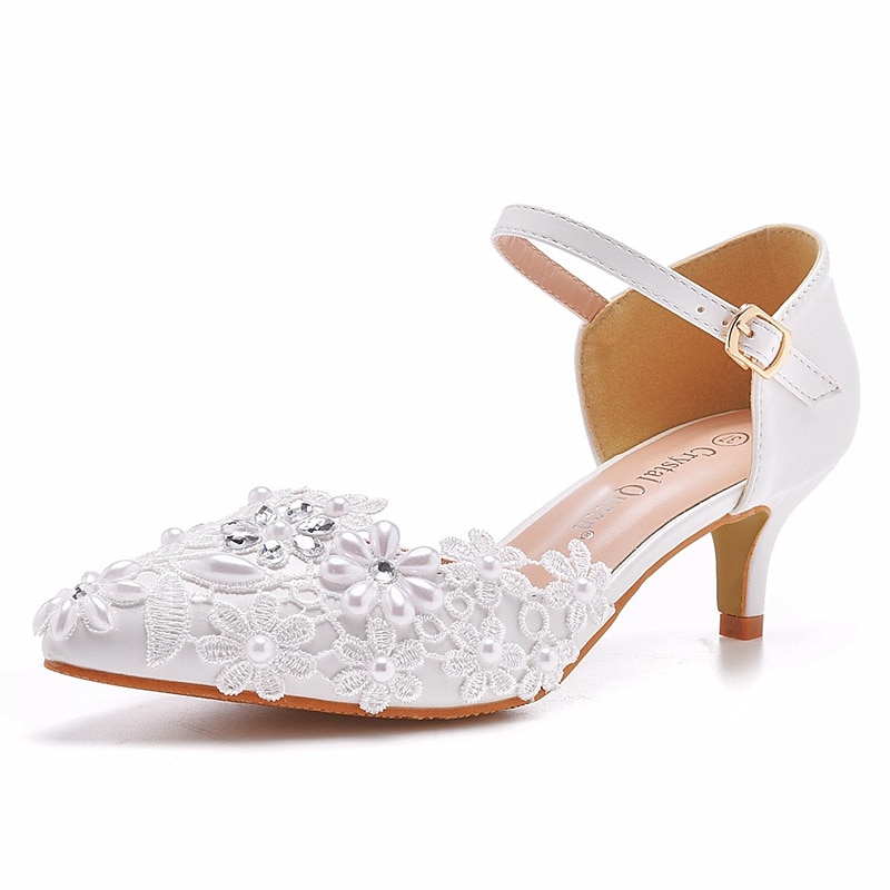 Women's White Lace Floral Embroidered Kitten Heel Shoes with Ankle Strap – Elegant Bridal Wedding Shoes 2025 - $54.99 –P6