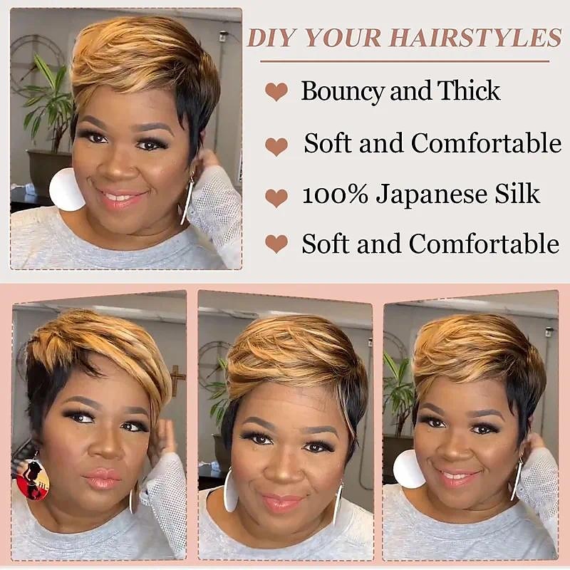 honinggoud en zwarte pixie-cut bobpruik - kort, steil synthetisch haar voor dames 2025 - $21.99 –P2
