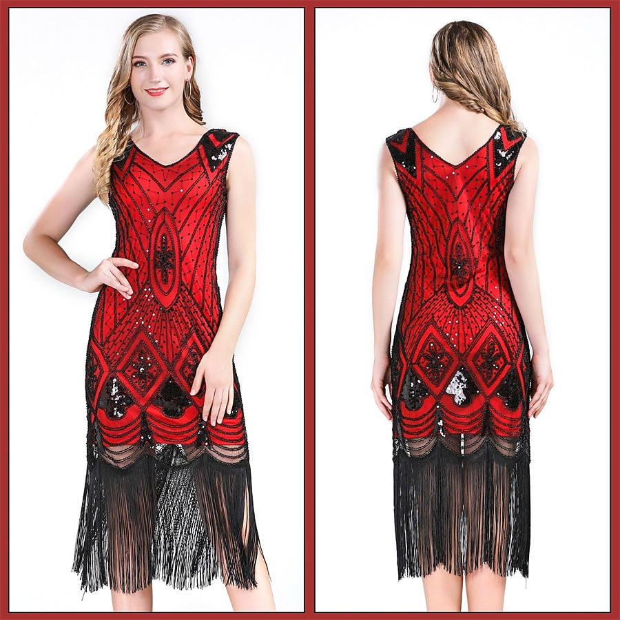 Goldene Zwanziger 1920er Knielang Flapper Kleid Outfits Zubehörset Ärmellos Der große Gatsby Hochzeitsgast Pailletten Quastenfransen Pailletten Quaste V Ausschnitt Kostüm Damen Karneval Maskerade 2026 - $51.99 –P10