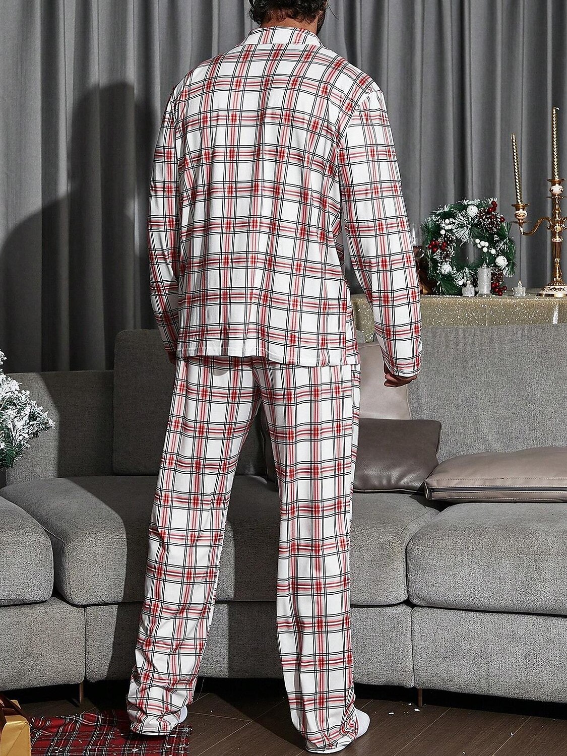 Herr Vardagsklädsel Sovkläder Pyjamas set Pyjamastopp och byxa 2 delar Rutig Stylish Ledigt Komfort Hem Dagligen Säng Bomullsblandning Komfort Mjuk Kavajslag Långärmad Skjorta Byxa Snörning Elastisk 2025 - $28.99 –P2